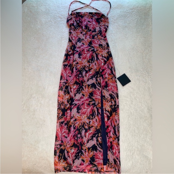 Lulus My Favorite Attention Navy Blue Floral Mesh Lace-Up Midi Dress - Picture 3 of 9